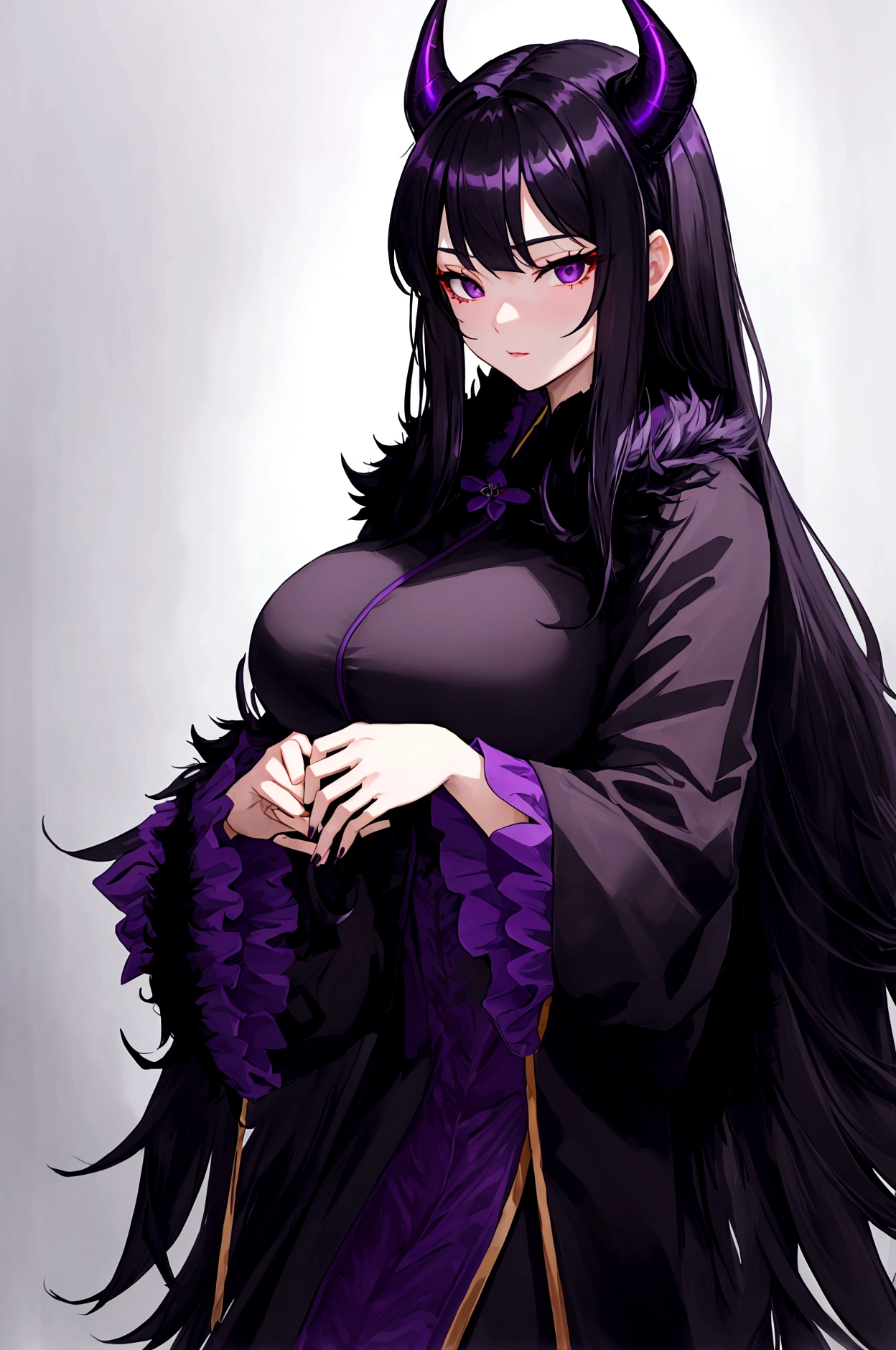 Big breats Long black hair black eyes girl wearing dark purple cheongsam with long sleeve and black fur coat black fur scarf. Purple demon horns chest skin visible