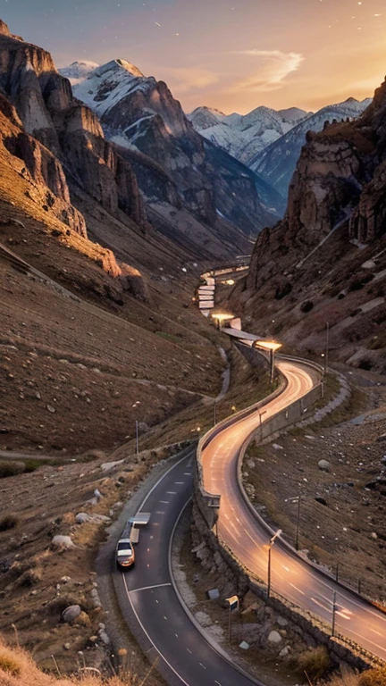 Way of light:
“A winding road that crosses a valley between mountains. Along the way, small points of light that transform into the figure of Jesus Christ in the background, lighting the way with a calm and comforting presence. The sky is dawning, with shades of pink and orange, suggesting a new beginning.”