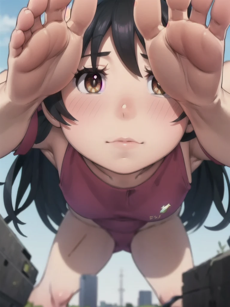 facial details, masterpiece, cinematic angle, drsizukachan1,,dress, Shizuka Minamoto, (1 girl, alone, black hair, black eyes, twin tails, twin tails, competition swimsuit, barefoot, looking at viewer, in the center of image (close-up), (focus on his face), feet, soles, toes, in a decrepit underground city in hell, scared), nsfw, (giant),