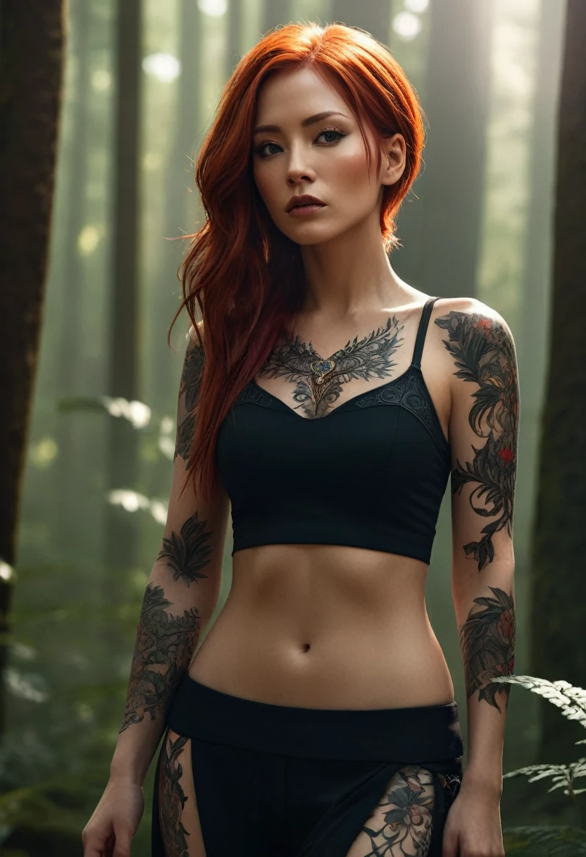 "A stunning digital masterpiece featuring a fierce female character with fiery red locks, adorned in a sleek black ensemble and adorned with intricate tattoos. She stands tall and confident in a mystical forest, basking in the warm glow of the sun."