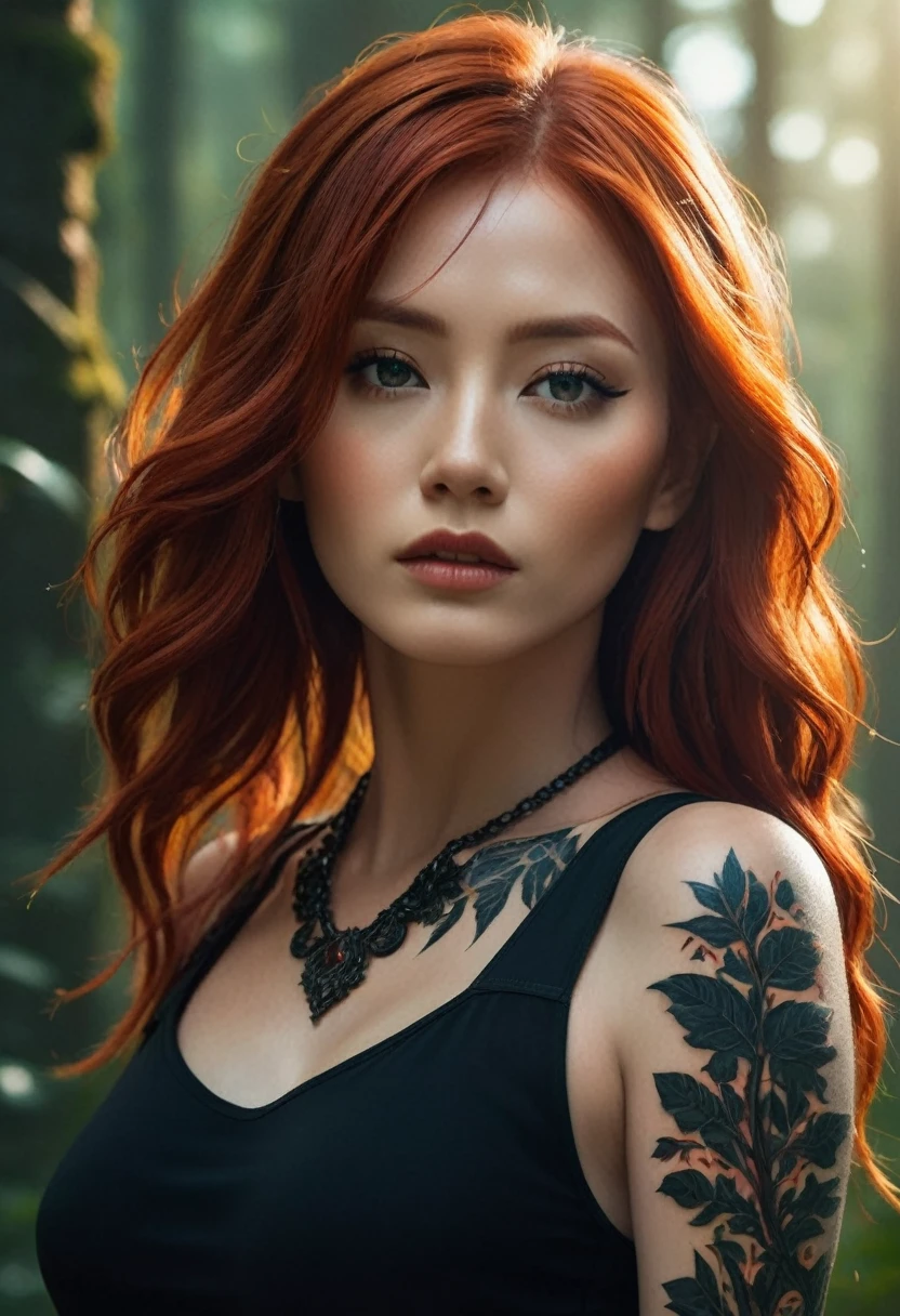 "A stunning digital masterpiece featuring a fierce female character with fiery red locks, adorned in a sleek black ensemble and adorned with intricate tattoos. She stands tall and confident in a mystical forest, basking in the warm glow of the sun."