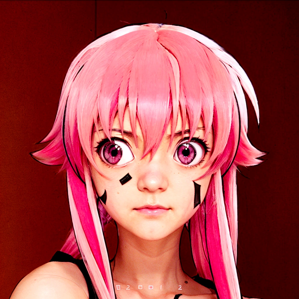 anime girl with pink hair and pink eyes staring at the camera, mirai nikki, anime girl named gasai yuno, gasai yuno, gasai yuno, ((pink)), as an anime character, in an anime style, anime character, in the art style of 2012 s anime, hyperrealistic anime style, gapmoe yandere, pink twintail hair and cyan eyes