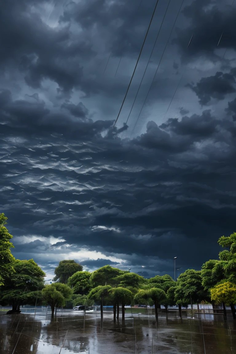 (high quality), (Realistic photos)、Uninhabited park、((rain park:1.5))、((Dark rainy sky:1.4))、Daytime、