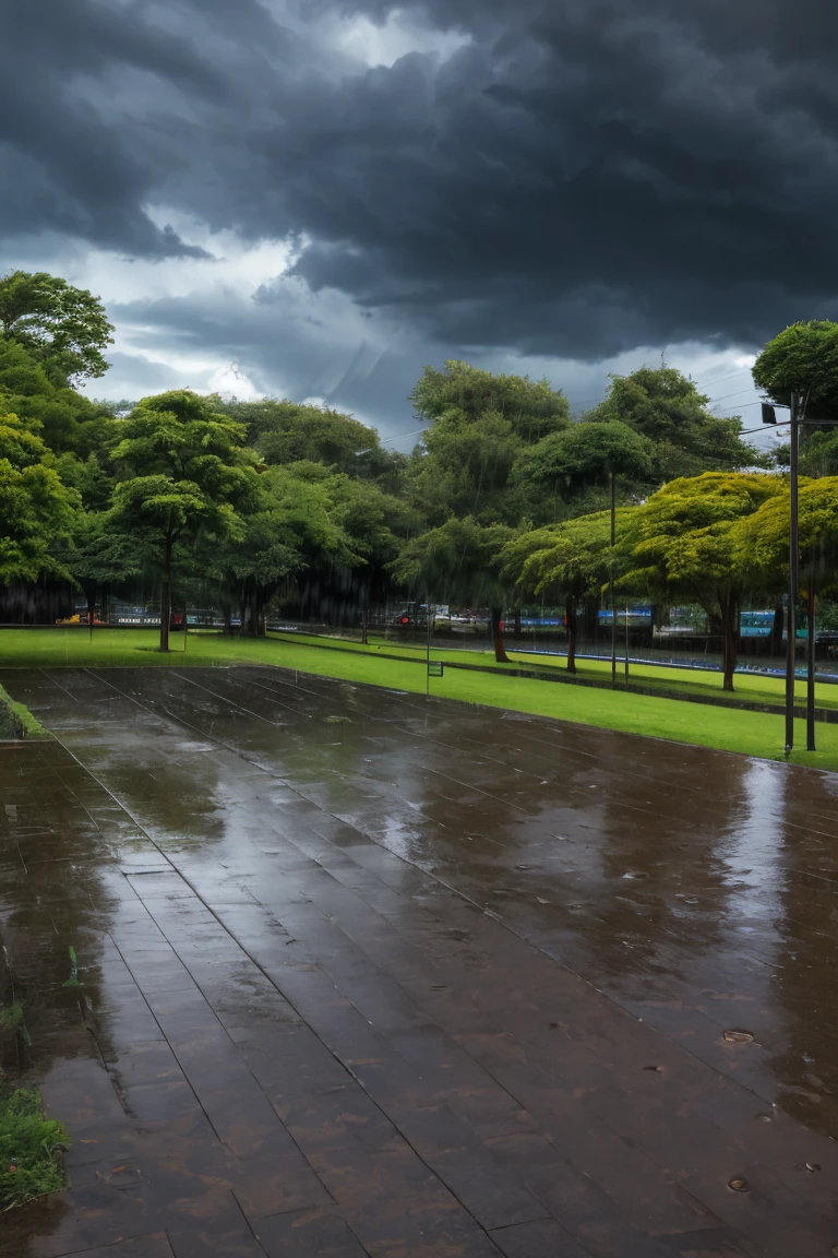 (high quality), (Realistic photos)、Uninhabited park、((rain park:1.5))、((Dark rainy sky:1.4))、Daytime、