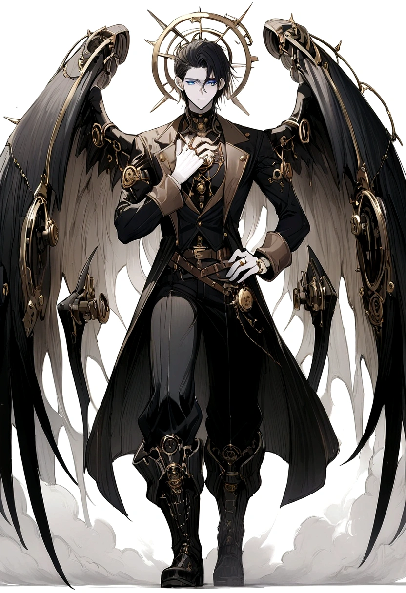 (masterpiece), best quality, 1boy, 1guy, steam punk design, light skin, pale skin color, caucasian skin color, (DARK HAIR, black hair, sky blue EYES), steam punk costume, ultimate detail clockworked ring above his head, Precision wings,  Wings of Precision Machinery, precision ring is above his head, (boy, lanky, 15 years old, middle size) , light skin, pale skin color, caucasian skin color, full body art