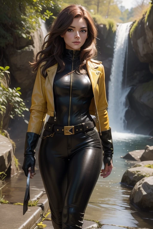 (masterpiece:1.0), (best_quality:1.2), (dark shot:1.3), Classic Rogue, 1991 Rogue X-Men, 1 girl, Only 1, cowboy shot, walking towards the viewer, looking to the side, leather jacket, leather belt, skin-tight green bodysuit, medium length hair, auburn hair, wavy hair, messy hair, one lock of white hair, green eyes, mischievous look, sexy smirk, parted lips, fit figure, curvy figure, large breasts, makeup, green headband, brown leather jacket, yellow gloves, belt, gold earrings, open jacket, yellow boots, stone walkways, stone gates, waterfall, ivy, colorful flowers, (realism: 1.5), (Realistic: 1.4), (Absurdity:1.4), 8k, ultra-detailed, Detailed Beautiful Woman, very physically fit girl, official art, extremely detailed CG unity 8k wallpaper, ultra high res, photography, 8K, HDR, Kodak portra 400, film grain, blurry background, (bokeh:1.2), film grain:1.2, (color photo), professional photograph