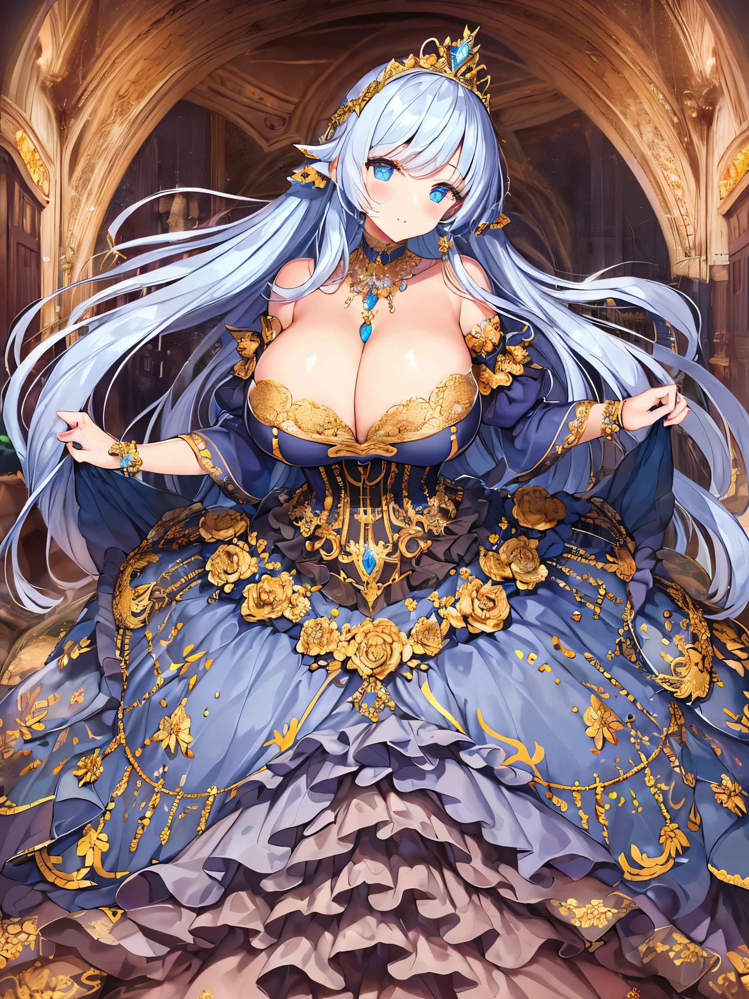 ((moe anime artstyle)),((Masterpiece)),(Best Quality),((Super Detail)),((Very Delicate and Beautiful)),((Solo)),full body,((full body portrait)),(((1 bling-bling Queen in beautiful embroidery and jeweled gorgeous rococo ballgown with voluminous full length crinoline hoop skirt))),(((((absurdly gigantic tits))))),(deep cleavage),Skindentation,(detailed face and eyes),jewel-like eyes,((crinoline,long train,beautiful embroidery and lace)),super detailed voluminous gorgeous rococo ballgown with voluminous full length crinoline hoop skirt,((bling-bling voluminous gorgeous rococo princess ballgown with beautiful embroidery and jeweled)),((Very Long Straight Hair,large amount of straight hair, absurdly long Straight hair)),extremely gorgeousfull hair ornament,((extremely gorgeous big tiara)),luxurious jewelry,((beautiful embroidery and jeweled gorgeous rococo ballgown with voluminous full length crinoline hoop skirt)),(((absurdly gigantic tits))),full body,(fantasy castle)