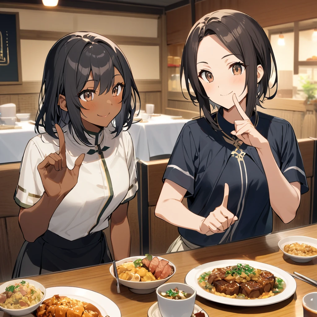 A confident smile, 楽しくmealをしている,短いBlack Hair, Brown eyes,Brown Skin,Two studentaking a gesture commonly associated with the peace sign while speaking (Tele from the restaurant), skirt, Black Hair, indoor, meal, shirt, ((((Complete faithful finger))))