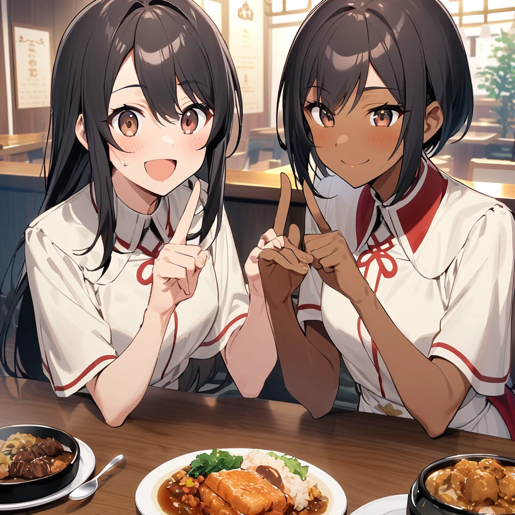 A confident smile, 楽しくmealをしている,短いBlack Hair, Brown eyes,Brown Skin,Two studentaking a gesture commonly associated with the peace sign while speaking (Tele from the restaurant), skirt, Black Hair, indoor, meal, shirt, ((((Complete faithful finger))))