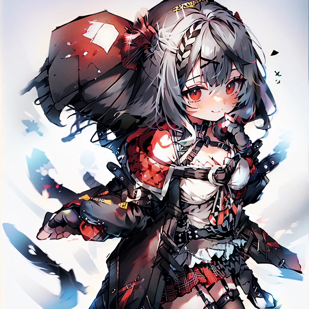 masterpiece, best quality, highres, 1girl, solo, red_eyes, sakamata chloe, garter straps, black fingerless gloves, torn thighhighs, grey hair, hair ornament, multicolored hair, plaid skirt, streaked hair, cleavage, x hair ornament, black hair, red skirt, black collar, white camisole, medium breasts, miniskirt, pleated skirt, black thighhighs, braid, white shirt, black_belt, medium hair, black jacket, plaid_bow, hood_up, long sleeves, off shoulder, smile, field, walking,