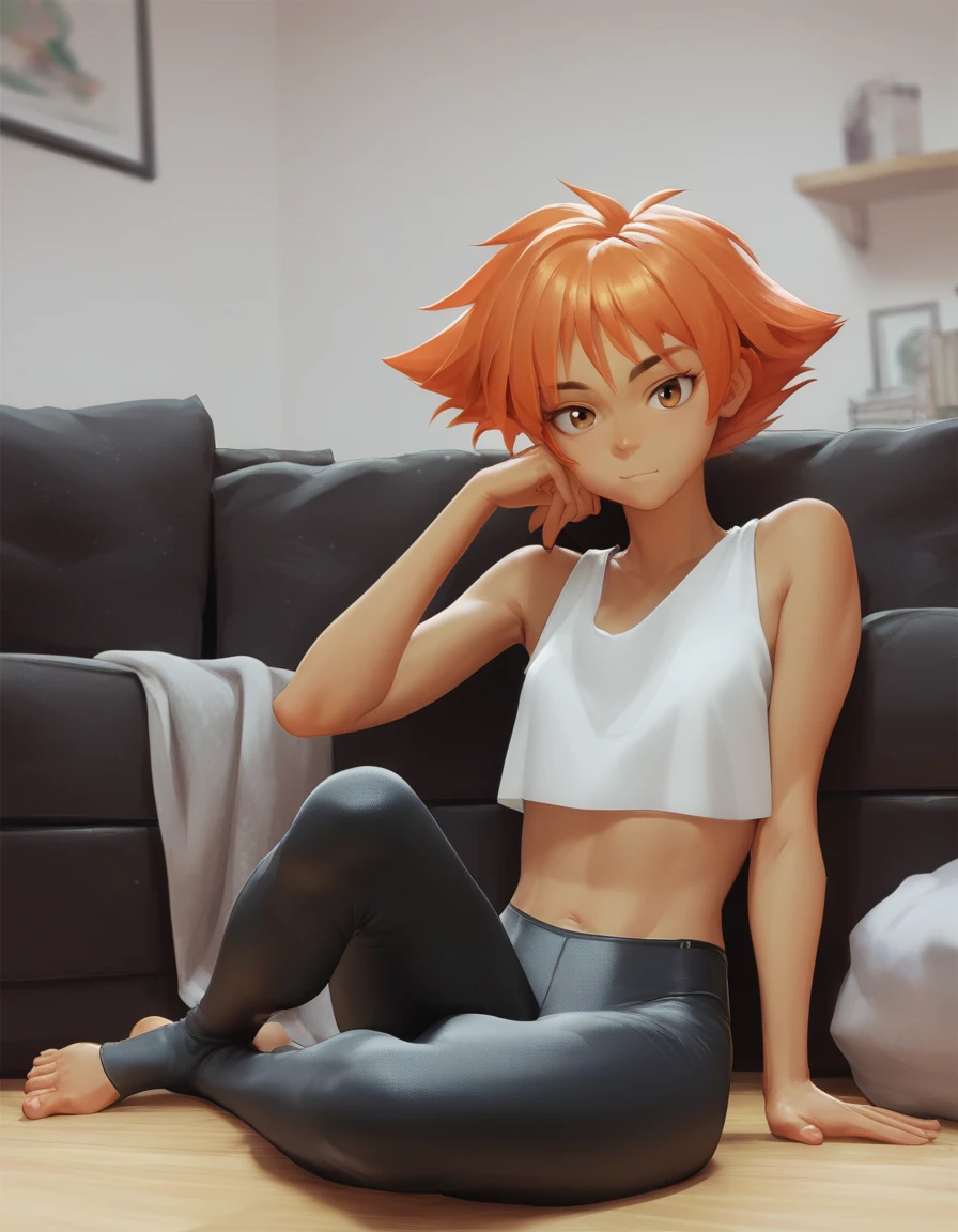 score_9, score_8_up, score_7_up, score_6_up, score_5_up, score_4_up, source_anime, BREAK
Edward, midriff, orange hair, 1girl, toeless legwear, solo, sitting, crossed legs, looking at viewer, bare shoulders, indoors, leggings, stirrup legwear, sleeveless, head rest,