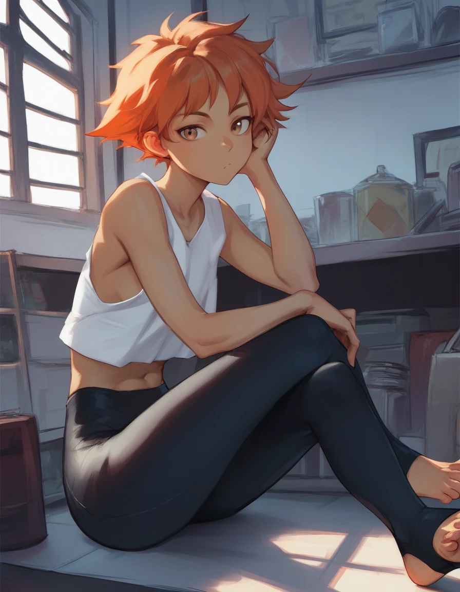 score_9, score_8_up, score_7_up, score_6_up, score_5_up, score_4_up, source_anime, BREAK
Edward, midriff, orange hair, 1girl, toeless legwear, solo, sitting, crossed legs, looking at viewer, bare shoulders, indoors, leggings, stirrup legwear, sleeveless, head rest,