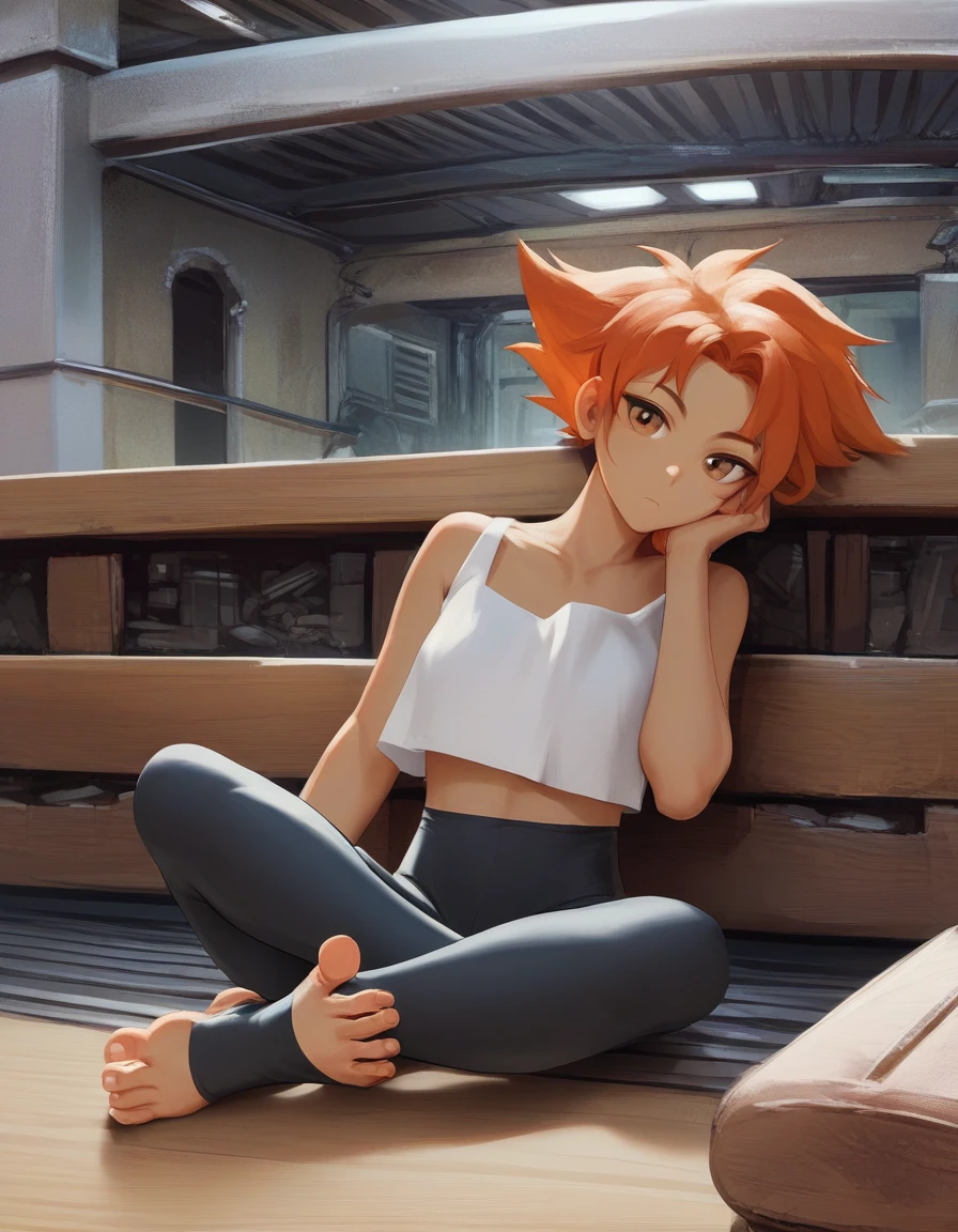 score_9, score_8_up, score_7_up, score_6_up, score_5_up, score_4_up, source_anime, BREAK
Edward, midriff, orange hair, 1girl, toeless legwear, solo, sitting, crossed legs, looking at viewer, bare shoulders, indoors, leggings, stirrup legwear, sleeveless, head rest,