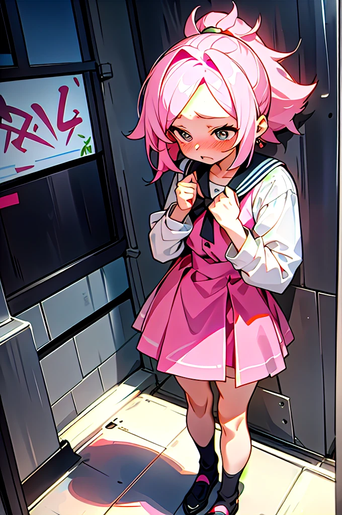 Cute pink hair、One girl in a cute dress、One girl takes to the bathroom、Look away、Standing、embarrassed from、Blushing、Keep your mouth shut、a street(Girl is peeing:1.7)、Mini skirt