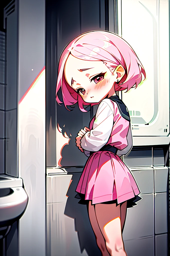 Cute pink hair、One girl in a cute dress、One girl takes to the bathroom、Look away、Standing、embarrassed from、Blushing、Keep your mouth shut、a street(Girl is peeing:1.7)、Mini skirt