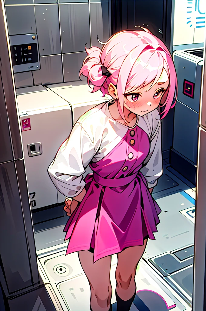 Cute pink hair、One girl in a cute dress、One girl takes to the bathroom、Look away、Standing、embarrassed from、Blushing、Keep your mouth shut、a street(Girl is peeing:1.7)、Mini skirt