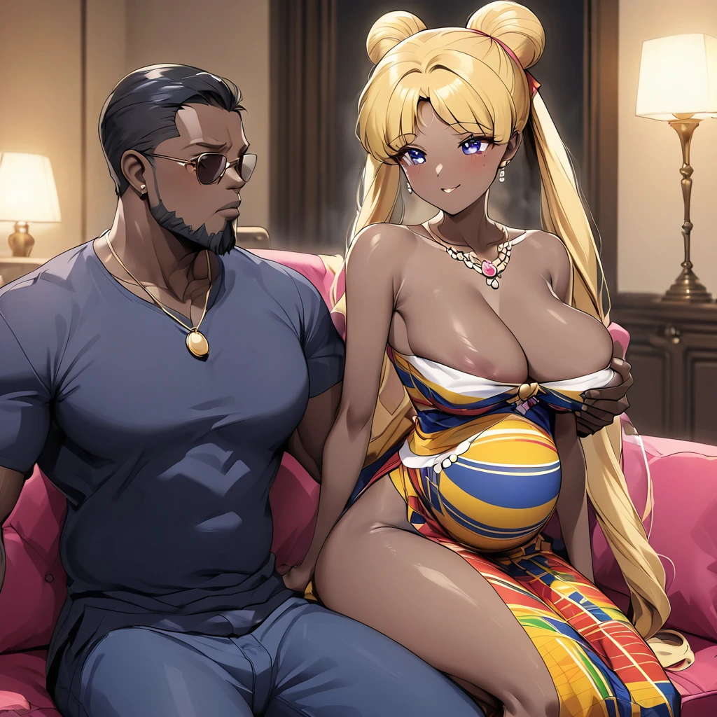 ((Highest quality)), ((masterpiece)), (detailed), (Perfect Face)、The woman is a Ghanaian black woman named Tsukino Usagi with vivid dark skin. She is wearing the gorgeous, colorful, glittering Ghanaian traditional kente dress in a luxurious Ghanaian mansion, and is wearing gorgeous jeweled accessories and an engagement ring. The woman and the man are sitting on a luxurious, large sofa in the luxurious room, and the woman is being embraced by a dignified, muscular, bearded, middle-aged Ghanaian man wearing Ghanaian traditional dress, who is touching her breasts and groin and kissing her.、The woman is the elegant Tsukino Usagi, with long blonde hair in a chignon twin tail, and a vivid dark-brown skin wearing the colorful Ghanaian national dress, Kente.、(The woman is a dark-skinned black Ghanaian.)、the woman is pregnant