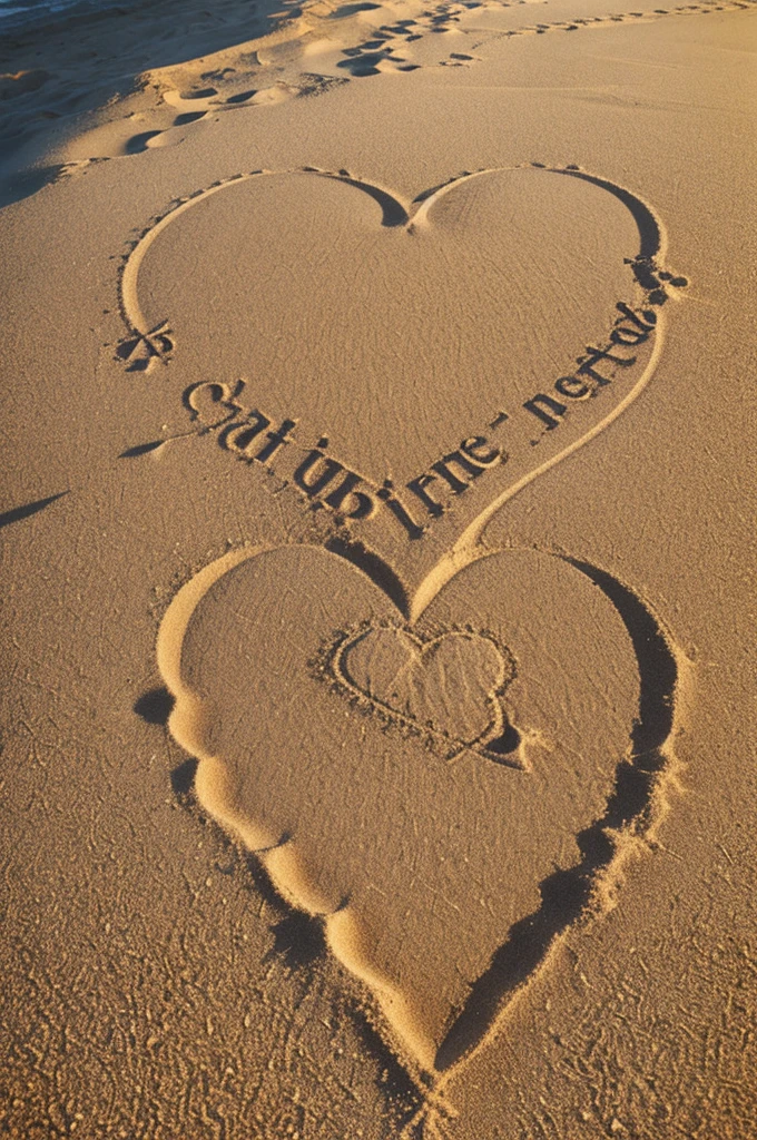 Write the name in italics "It was" in the sand of the beach, with a perfect heart surrounding the name