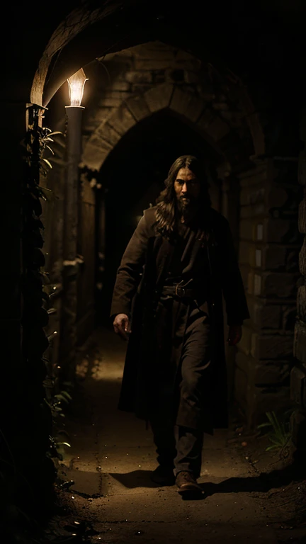 Divine Hand in Darkness:
“A person walking through a dark tunnel, with a faint beam of light coming from a distant opening. Jesus Christ is at the entrance of the tunnel, holding a torch that gently lights the path. He looks tenderly at the person, representing the guide and strength to overcome difficulties.”