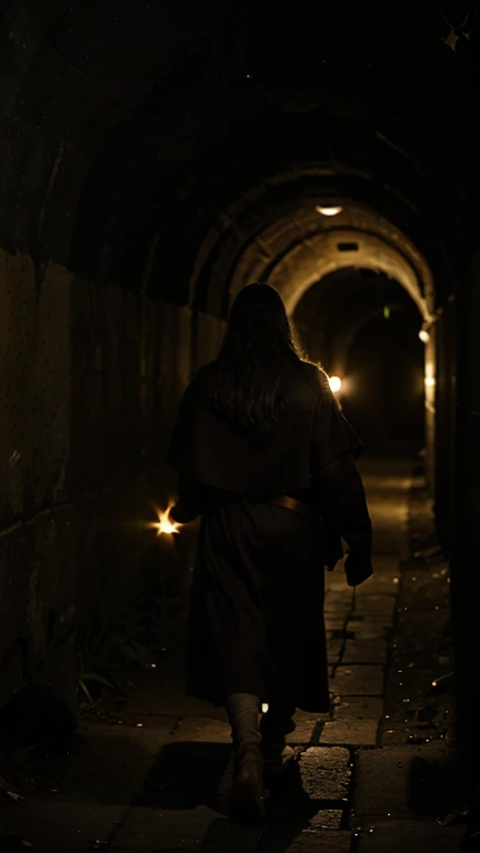 Divine Hand in Darkness:
“A person walking through a dark tunnel, with a faint beam of light coming from a distant opening. Jesus Christ is at the entrance of the tunnel, holding a torch that gently lights the path. He looks tenderly at the person, representing the guide and strength to overcome difficulties.”