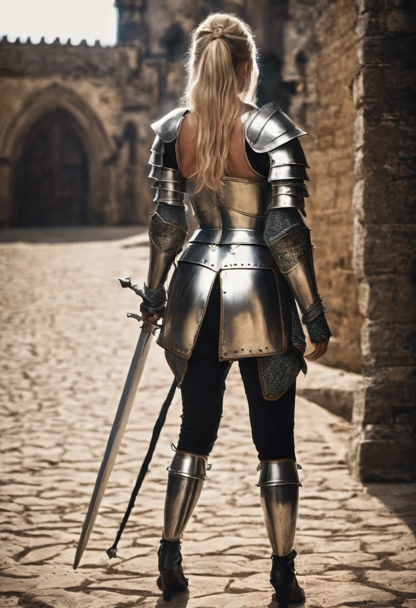 rear view of sexy young blonde female knight