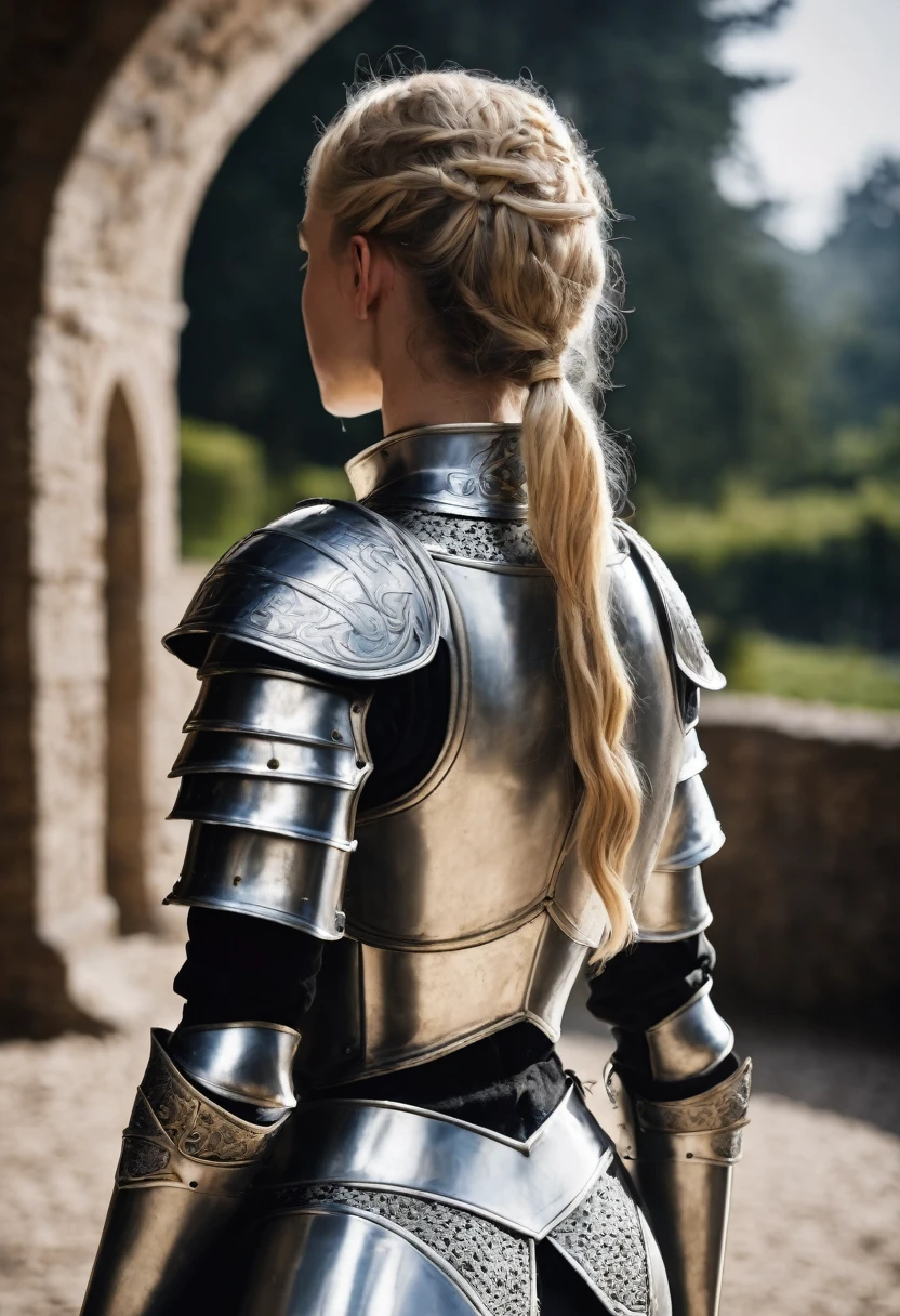rear view of sexy young blonde female knight