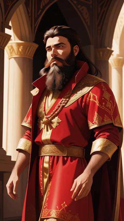 Realistic portrait of King Darius, a king who lived in the days of the prophet Daniel he wears a red priestly robe . Your face is exploratory, with a long, dark beard . He has a tunic full of royal embroidery, and walks through the palace of his castle.