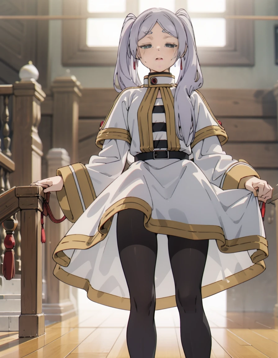 (Highest quality, masterpiece),sexy, erotic, One Girl, 18-year-old, Contempt, pride, 長いSilver Hair, ((Green Eyes)), View your viewers, View your viewers, Warm Light, ((White Dress)), ((Are standing)), (Small breasts), ((Lifting her skirt to show her crotch)),((Black Pantyhose)), Two ponytails,Under the skirt　(((Wide-open legs)))、(((Close your eyes)たCrying face))、　Silver Hair、、Slim figure，thin height、，elementary school girl、, girl、Long Hair，Small face，Emaciated，thin、Black tights legs，、Legs wide open、Legs wide open、、，Crying face,bondage、Tied up、shibari、Face is gloomy，Gloomy face、，Small breasts，Small breasts、非常にSmall breasts，Extremely Small breasts、、Adorable，Adorable、，uniform、The legs are very thin，legs are very thin、The best quality in the best condition，Highest quality、，masterpiece