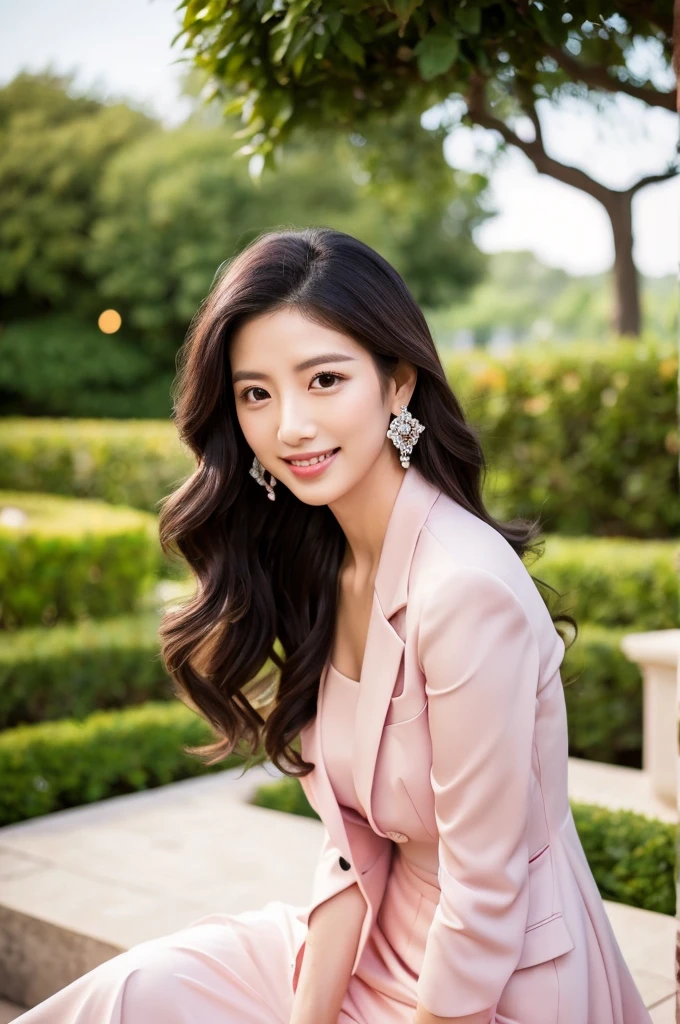 Wedding venue garden,President of import goods sales company,((full body)),((photo)),((best qualtiy, 8K, tmasterpiece:1.3)), Focus:1.2, perfect figure beautiful woman:1.4,1woman,cowboy shot,look at viewer,incredibly absurd, beautiful and cute woman with a photorealistic face, showcasing top-quality craftsmanship, A Japanese woman attending her sister's wedding at a wedding venue, 35 years old, long hair, straight black hair, shiny, silky hair that curls inwards, narrow double eyelids, long eyelashes, pronounced eyebrows, high nose, thin lips, white teeth, bright smile, smooth, honey-colored skin, thin neck, tall, glamorous, slender, F-cup breasts, pale pink suit, knee-length pencil skirt, high heels, diamond earrings and necklace, luxury brand watch, clutch bag, cigar, beautiful, lady-like, pretty older sister, celebrity-like, adult woman, intelligent, calm, kind, playful, sharp-tongued, soothing to those around, refined, elegant, June