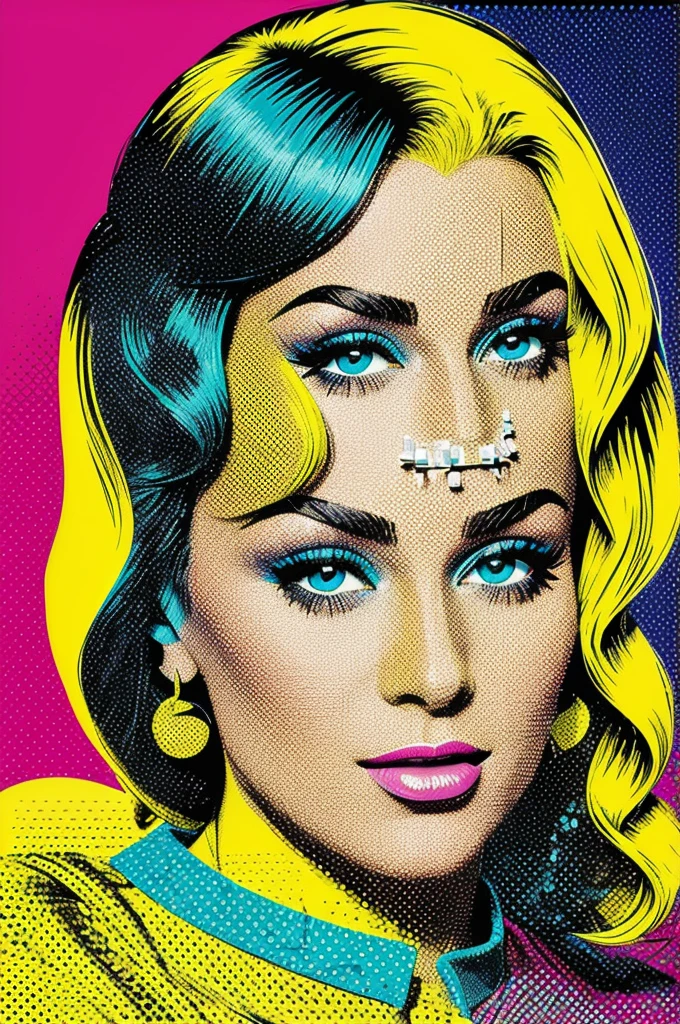 A pop art style portrait of a famous celebrity with bright, contrasting colors and halftone dots.