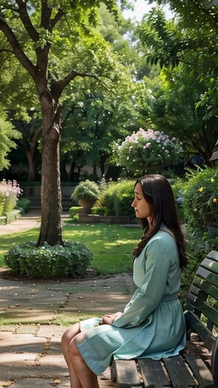 Garden of Serenity:
“A peaceful scene of a garden full of flowers and shady trees. At the center, Jesus Christ is sitting on a bench, listening carefully to the person next to you, who appears to be sharing your concerns. The presence of Jesus brings an atmosphere of peace and renewal.”