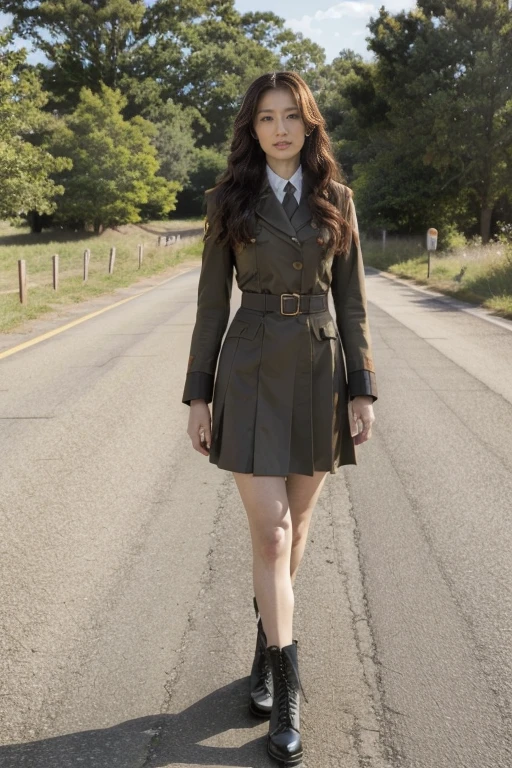 battlefield,spectacular background,(Higher resolution, clearly_image),Stills from the movie,Great realism,Mature woman, female soldier,Honor guard,Standing,Full body portrait, Very detailed, Stylish hairstyle, very long curly hair,tall and big, Fit body,military uniform, military skirt,Beautiful long legs,Military boots,military training,Military Academy, Authoritarianism, Strong aura, Delicate facial features, Facial details,