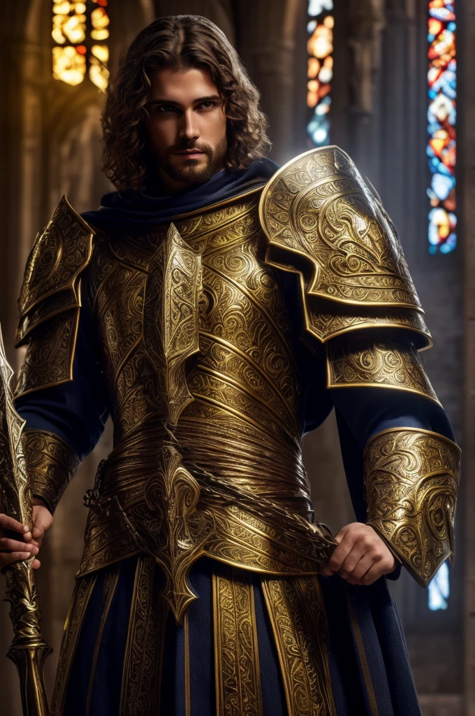 a handsome breton paladin worshiper of arkay,highly detailed male face with beautiful eyes and lips,ornate holy armor, glowing holy aura, dramatic lighting, divine energy, golden accents, fantasy cathedral interior, stained glass windows, volumetric lighting,epic dramatic composition,photorealistic,cinematic,award winning digital art
