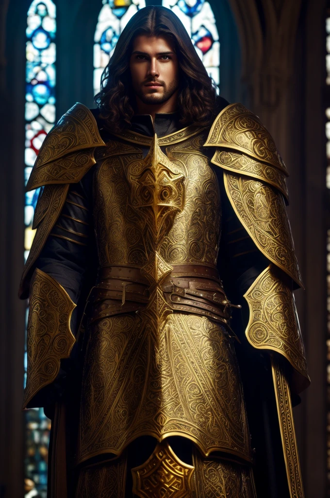 a handsome breton paladin worshiper of arkay,highly detailed male face with beautiful eyes and lips,ornate holy armor, glowing holy aura, dramatic lighting, divine energy, golden accents, fantasy cathedral interior, stained glass windows, volumetric lighting,epic dramatic composition,photorealistic,cinematic,award winning digital art