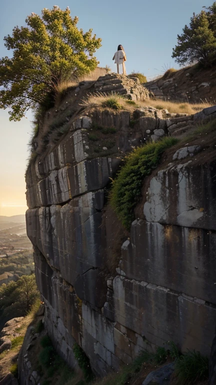 Jesus on the Solid Rock:
“High on a cliff, Jesus Christ is standing, with open arms, as if offering protection to the world below. A person is climbing the steep hill, Looking up with hope. The sky is clean, with a golden light surrounding the figure of Jesus, symbolizing strength and courage to face challenges.”

