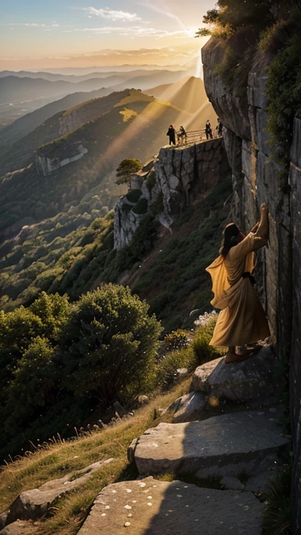 Jesus on the Solid Rock:
“High on a cliff, Jesus Christ is standing, with open arms, as if offering protection to the world below. A person is climbing the steep hill, Looking up with hope. The sky is clean, with a golden light surrounding the figure of Jesus, symbolizing strength and courage to face challenges.”