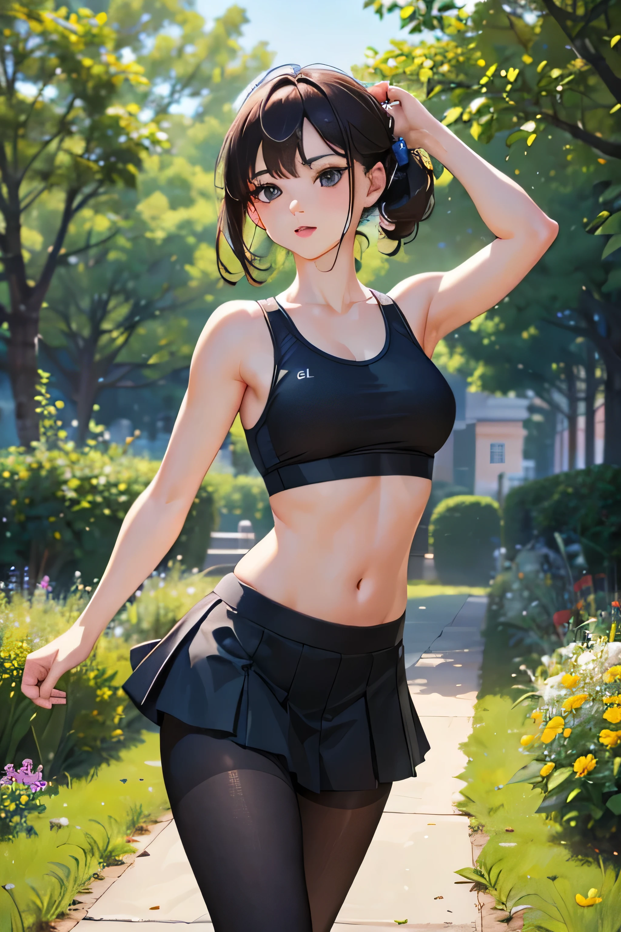 a   girl wearing pantyhose, a sports bra, small breast, short height, and a skirt, beautiful detailed eyes,beautiful detailed lips,extremely detailed eyes and face,longeyelashes, slim athletic figure, cute and innocent expression, , outdoor school garden setting, natural lighting, warm sunshine, vibrant colors, intricate detailing, (best quality,4k,8k,highres,masterpiece:1.2),ultra-detailed,(realistic,photorealistic,photo-realistic:1.37),highly detailed illustration,beautiful colors,soft lighting,dynamic composition