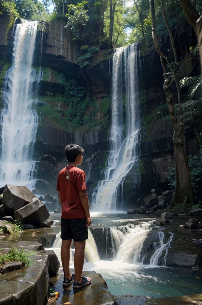 an Indonesian teenager is standing with a panther beside him and far behind him is a waterfall