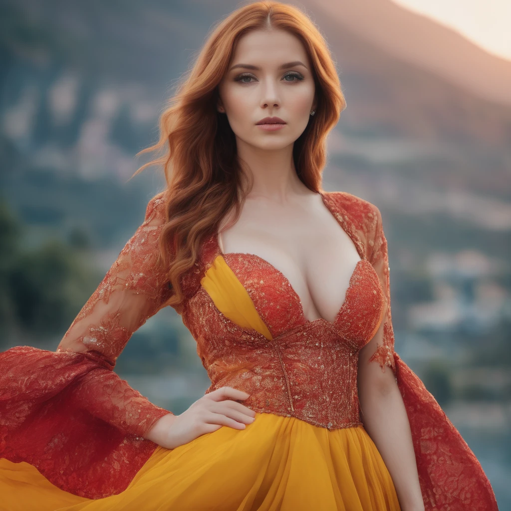The most beautiful red haired girl big breasts in dress with mashup orange, yellow and red color on the dress, elegant dress, fire dress, dress with three colors, unique, magic dress