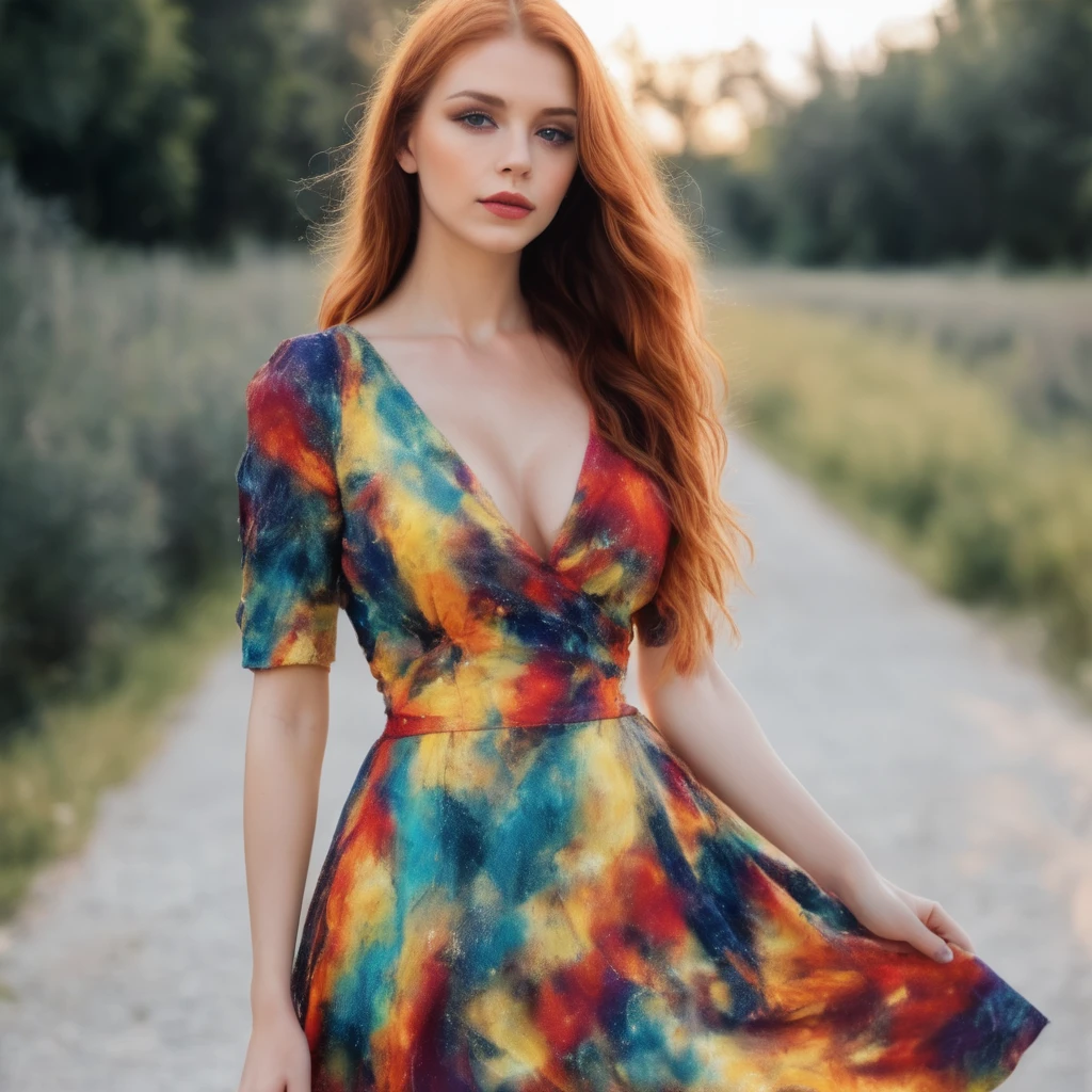 The most beautiful red haired girl big breasts in dress with mashup orange, yellow and red color on the dress, elegant dress, fire dress, dress with three colors, unique, magic dress 