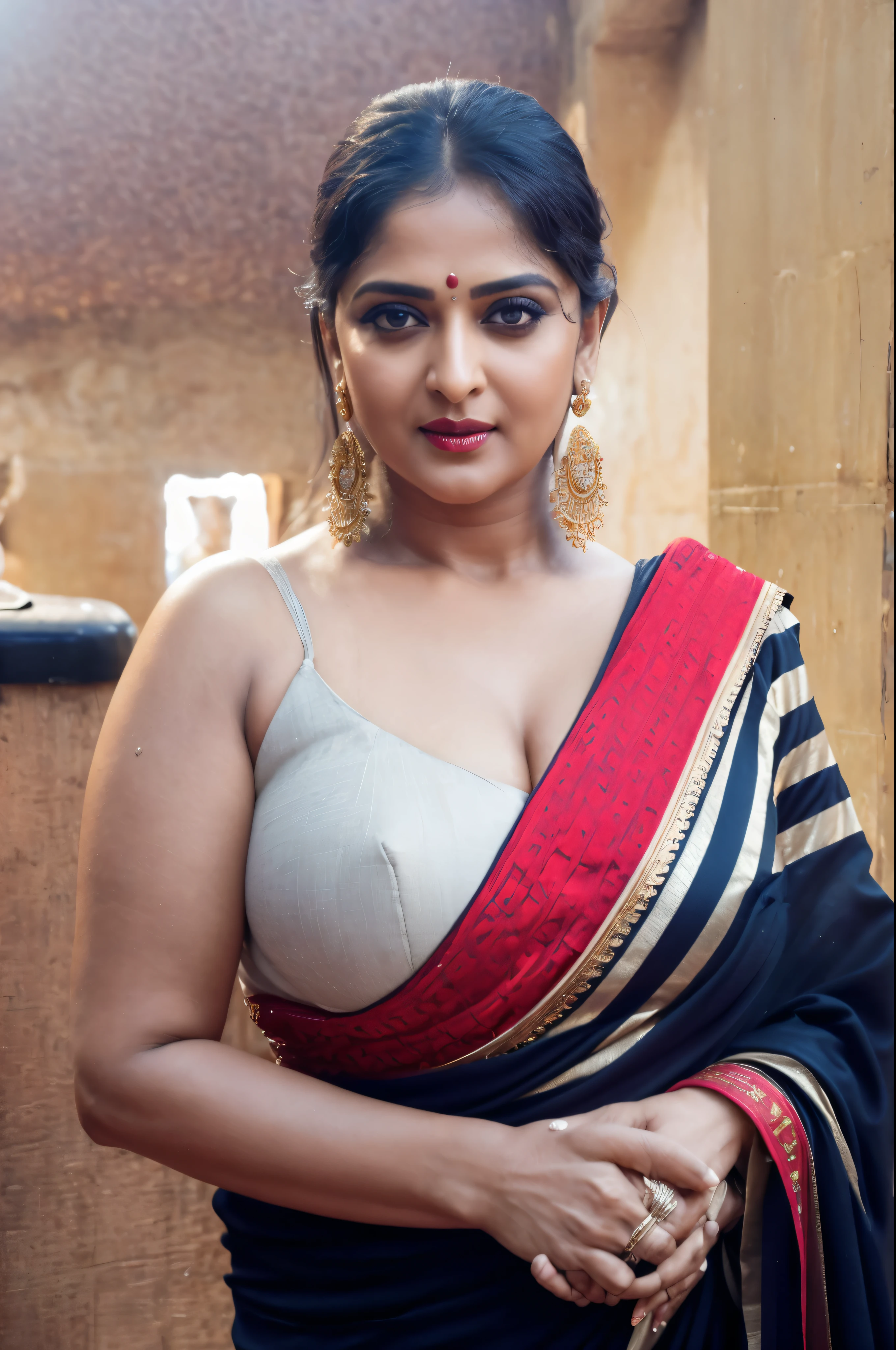 50yo mature MILF Anushka Shetty,((best quality)), ((masterpiece)), ((realistic)), eye kajal, mascara, red lips, sensual Beauty, provoking body, extreme sweat, sweat soaked skin, slight stretch marks, alluring figure, bulging figure, thick charming lady, curvy, thick navel, full figured woman, eye kajal, massive breast, full body, styled hair, pierced eyes, female face,royal aura, trend on artstation , sharp focus, studio photo, intricate detail, very detailed, detailed eye, illustration, very detailed, sharp focus, digital render, professional, 4k