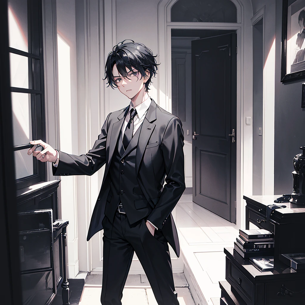 a handsome man with black hair, gray eyes, elegant facial features, serious expression, wearing a black suit, standing in a dark room with dramatic lighting, cinematic camera angle, highly detailed, photorealistic, award-winning portrait, chiaroscuro lighting, moody atmosphere