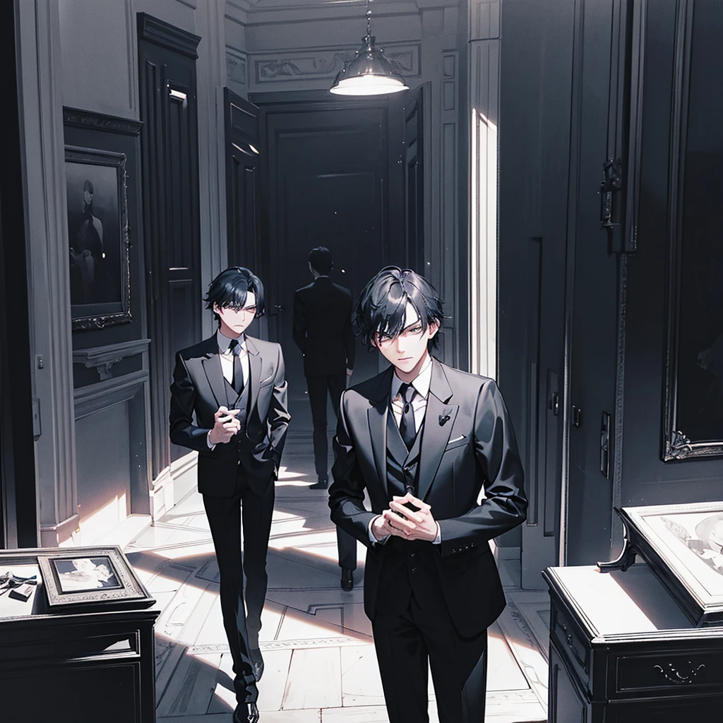 a handsome man with black hair, gray eyes, elegant facial features, serious expression, wearing a black suit, standing in a dark room with dramatic lighting, cinematic camera angle, highly detailed, photorealistic, award-winning portrait, chiaroscuro lighting, moody atmosphere