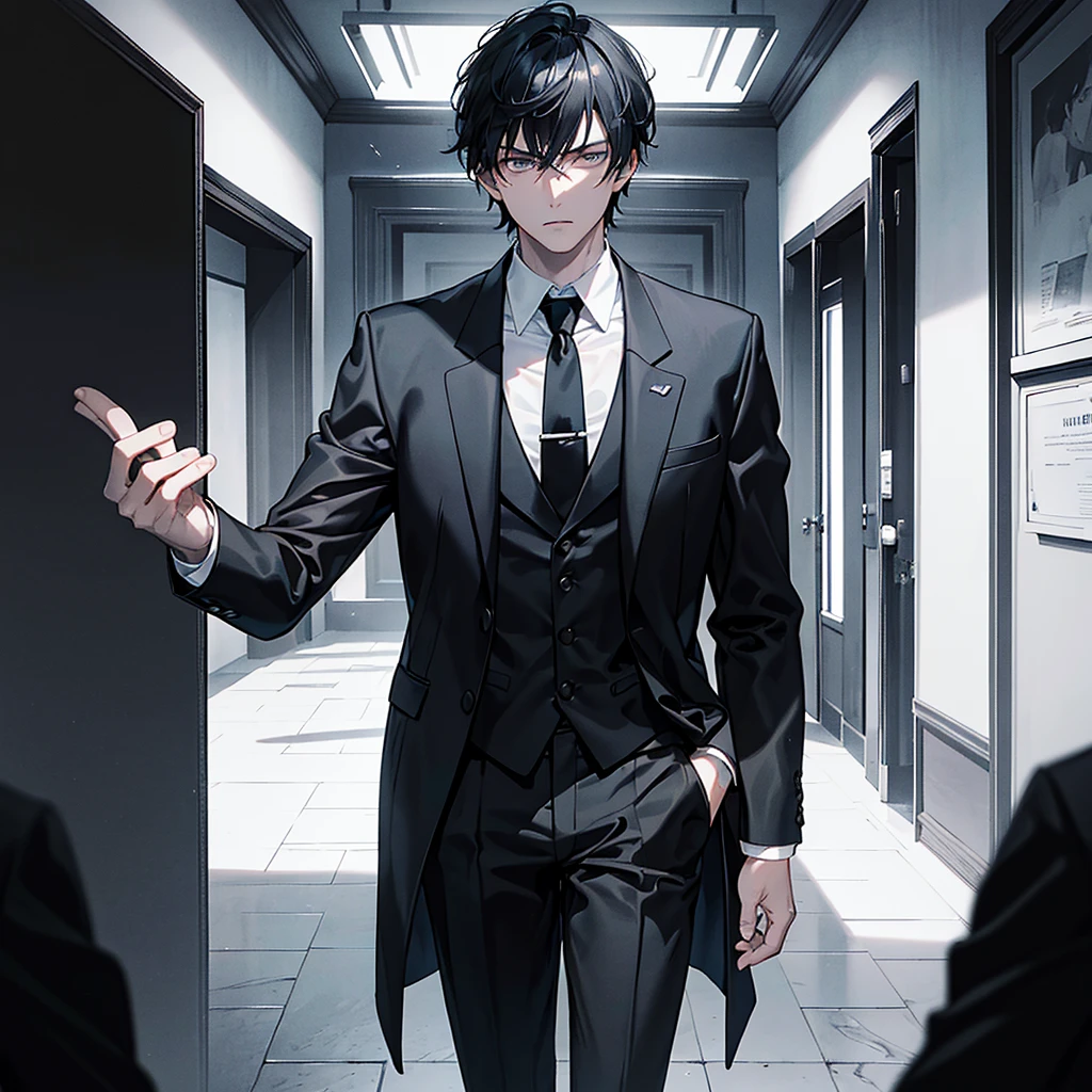 a handsome man with black hair, gray eyes, elegant facial features, serious expression, wearing a black suit, standing in a dark room with dramatic lighting, cinematic camera angle, highly detailed, photorealistic, award-winning portrait, chiaroscuro lighting, moody atmosphere