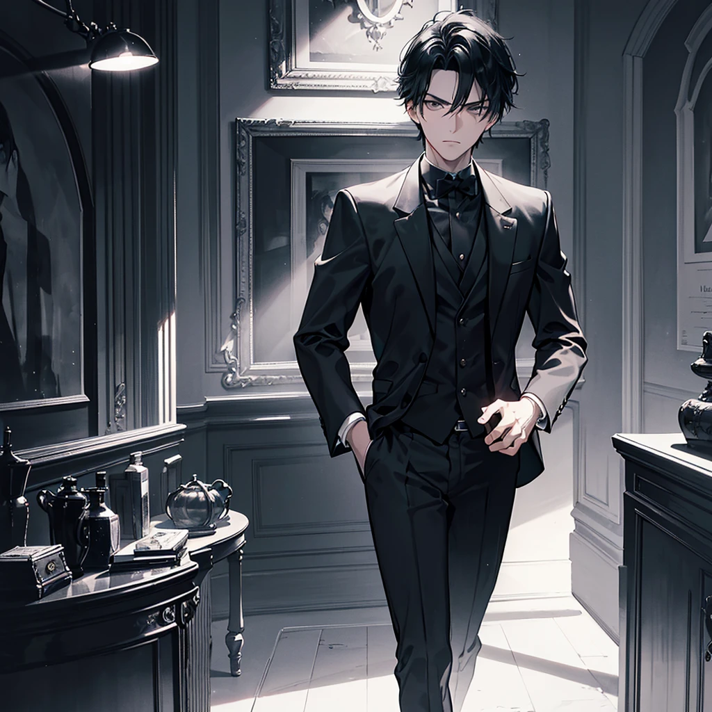 a handsome man with black hair, gray eyes, elegant facial features, serious expression, wearing a black suit, standing in a dark room with dramatic lighting, cinematic camera angle, highly detailed, photorealistic, award-winning portrait, chiaroscuro lighting, moody atmosphere