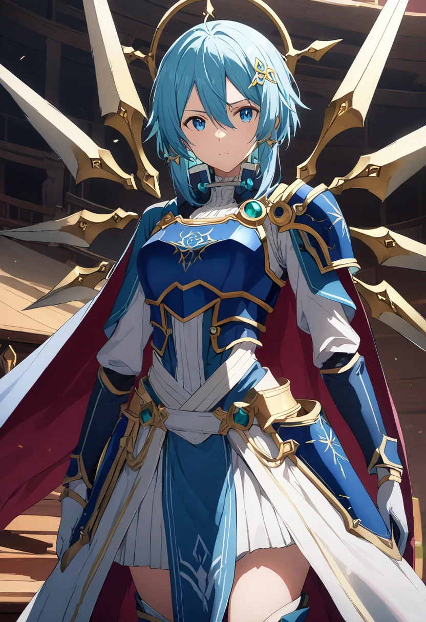 alone, 1 Girl, Androidsinonsolus, Shino Asada, short hair, bangs, blue eyes, hair ornament, hair between eyes, blue hair, sidelocks, slit pupils, gloves, long sleeves, wings, white gloves, armor, shoulder armor, breastplate, blue armor,, arms, Focus on women, Cape, armor, Holy Bow Annihilation Ray, Handguard, Waist wrap skirt, breastplate, full armor，Thigh-heeled boots, Robot-like joints、Anatomically correct mechanical body　(((masterpiece)))， ((Highest quality))， ((Intricate details))　(8K)、Full Body Shot