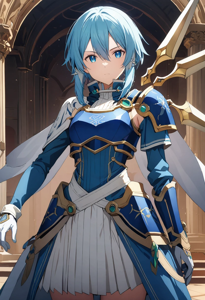 alone, 1 Girl, Androidsinonsolus, Shino Asada, short hair, bangs, blue eyes, hair ornament, hair between eyes, blue hair, sidelocks, slit pupils, gloves, long sleeves, wings, white gloves, armor, shoulder armor, breastplate, blue armor,, arms, Focus on women, Cape, armor, Holy Bow Annihilation Ray, Handguard, Waist wrap skirt, breastplate, full armor，Thigh-heeled boots, Robot-like joints、Anatomically correct mechanical body　(((masterpiece)))， ((Highest quality))， ((Intricate details))　(8K)、Full Body Shot