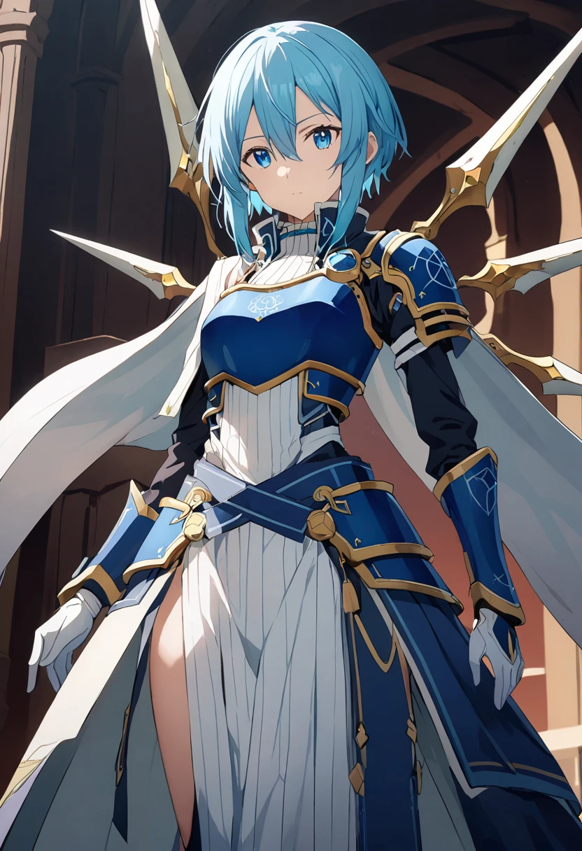 alone, 1 Girl, Androidsinonsolus, Shino Asada, short hair, bangs, blue eyes, hair ornament, hair between eyes, blue hair, sidelocks, slit pupils, gloves, long sleeves, wings, white gloves, armor, shoulder armor, breastplate, blue armor,, arms, Focus on women, Cape, armor, Holy Bow Annihilation Ray, Handguard, Waist wrap skirt, breastplate, full armor，Thigh-heeled boots, Robot-like joints、Anatomically correct mechanical body　(((masterpiece)))， ((Highest quality))， ((Intricate details))　(8K)、Full Body Shot