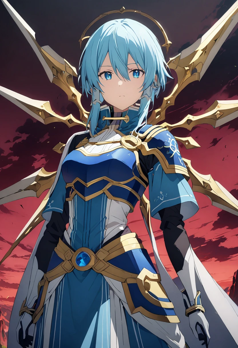 alone, 1 Girl, Androidsinonsolus, Shino Asada, short hair, bangs, blue eyes, hair ornament, hair between eyes, blue hair, sidelocks, slit pupils, gloves, long sleeves, wings, white gloves, armor, shoulder armor, breastplate, blue armor,, arms, Focus on women, Cape, armor, Holy Bow Annihilation Ray, Handguard, Waist wrap skirt, breastplate, full armor，Thigh-heeled boots, Robot-like joints、Anatomically correct mechanical body　(((masterpiece)))， ((Highest quality))， ((Intricate details))　(8K)、Full Body Shot