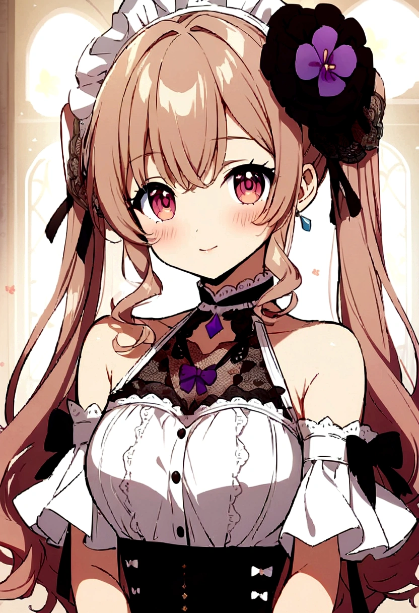 Anime girl with long hair and a flower in her hair, cute anime waifu with a nice dress, from the video game azur lane, Ayaka Genshin Impact, visual anime of a cute girl, sh, best anime wallpaper 4k konachan, anime moe art style, anime splash , in dress, anime girl dressed as a hot maid